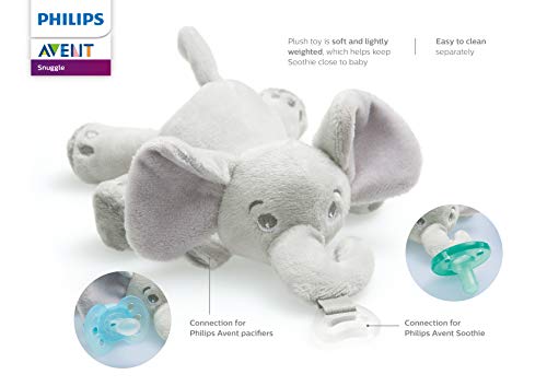 Philips AVENT Ultra Soft Snuggle Pacifier Holder with Detachable Pacifier, 0-6m, Elephant, SCF348/03