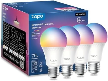 Tapo TP-Link Smart Light Bulbs, 1100 Lumens High Brightness (75W Equivalent), Matter-Certified, 16M Colors WiFi Light Bulb, Dimmable, Works w/Siri, Alexa & Google Home, A19 E26, L535E(4-Pack)