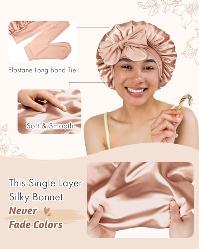 BONNET QUEEN Silk Bonnet for Sleeping Women Satin Bonnet Night Sleep Cap Wrap for Curly Hair with Adjustable Tie Band, Single Layer, Cream Pink+Black