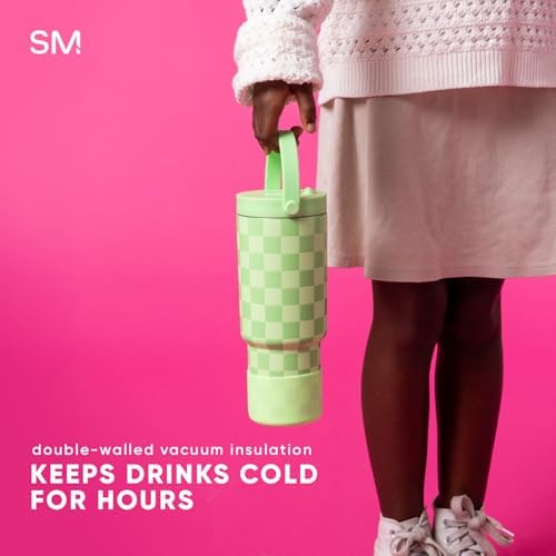 Simple Modern Trek Pivot | 24oz Kids Flip Straw Tumbler with Handle and Silicone Boot | Insulated Water Bottle Stainless Steel Cup | School Travel Jug | Lime Checkmate