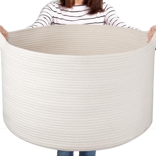 Large Woven Baskets for Storage, 22.8" x 22.8" x 13" Blanket Storage Living Room, Baby Toy Basket for Clothes, Pillows, Towels, Shoe Basket for Entryway (White)
