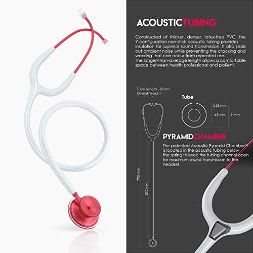 MDF Instruments, Acoustica Lightweight Stethoscope for Doctors, Nurses, Students, Home Health Use, Adult, Dual Head, White Tube, Red Chestpiece-Headset, MDF747XPR29