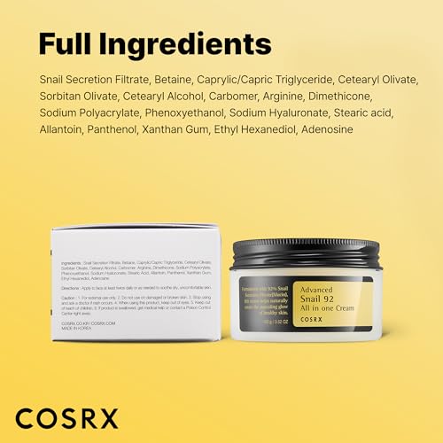 COSRX Snail Mucin 92% Face Moisturizer, 3.52 Oz, Lightweight Moisturing Cream for Soft, Glowy Skin, Korean Skin Care, Korean Moisturizer Face Cream