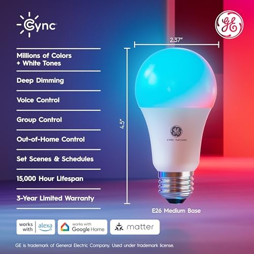 Cync GE A19 Smart LED Light Bulbs, Color Changing Room Décor, Works with Alexa and Google Home, Matter Compatible, LED Lights for Bedroom, Millions of Colors and White Tones (4 Pack)