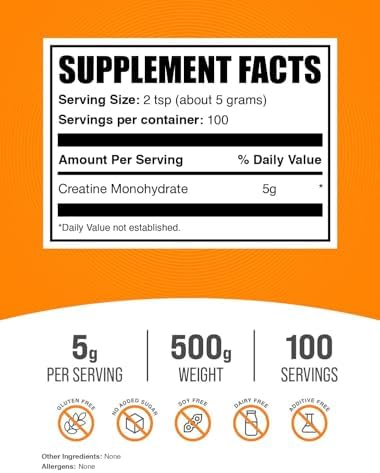 BulkSupplements.com Creatine Monohydrate Powder - Micronized Creatine Powder, Unflavored - Pure & Gluten Free, 5g (5000mg) per Servings, 500g (1.1 lbs) (Pack of 1)