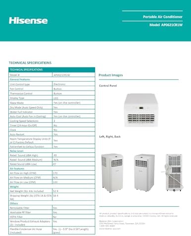 Hisense Portable Air Conditioner 6,000 BTU Cooling Dehumidifier Fan for Smaller Room up to 250 sq ft, Remote Control, White (Renewed)