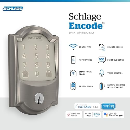 Schlage Encode Smart WiFi Deadbolt Lock for Front Door - Keyless Entry with App or Touchscreen - Works with Alexa, Hey Google, & Airbnb - Create Codes for Guests - Satin Nickel Silver