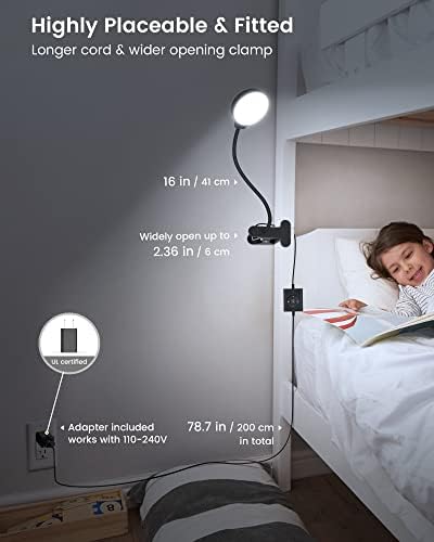 Glocusent 5W Clip on Light, 36LED Eye Caring Reading Light for Bed, 3 Colors & 5 Brightness Clip on Lamp with Adapter, Perfect Reading Light for Bed with Clamp/Bunk Bed/Headboard/Table/Desk