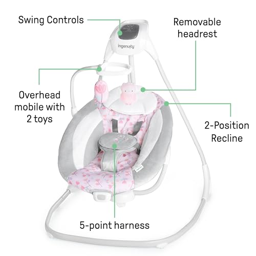Ingenuity SimpleComfort Lightweight Compact 6-Speed Multi-Direction Baby Swing, Vibrations & Nature Sounds, 0-9 Months 6-20 lbs (Pink Cassidy)