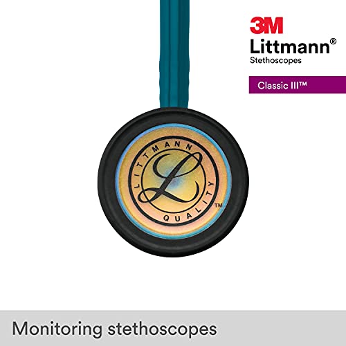 3M Littmann Classic III Monitoring Stethoscope, 5807, More Than 2X as Loud, Weighs Less, Stainless Steel Rainbow-Finish Chestpiece, 27" Caribbean Blue Tube, Brass Stem and Headset