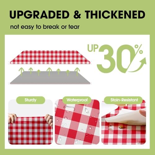 Pureegg Plastic Table Cloth Disposable 10 Pack, 54 x 108 Inch Table Cloths, Party, Picnic, Decorative Gingham Tablecloths, Rectangle, Red and White Checkered Cover, Leakproof & Sturdy, Red Plaid