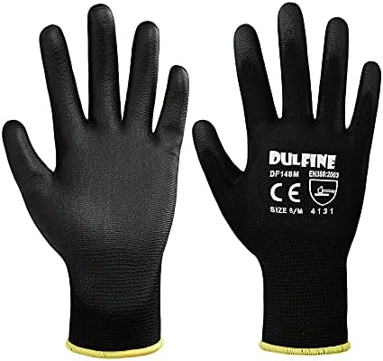 DULFINE Ultra-Thin PU Coated Work Gloves-12 Pairs,Excellent Grip,Nylon Shell Black Polyurethane Coated Safety Work Gloves, Knit Wrist Cuff,Ideal for Light Duty Work. (Medium)