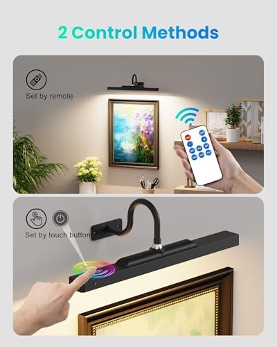 Dimmable Cordless Picture Light with Controller and Timer, Rechargeable 5000mAh Battery Wall Sconce for Wall Pictures, 16in Wall Light for Gallery Artwork, Paintings, Phote, Portraits - Black