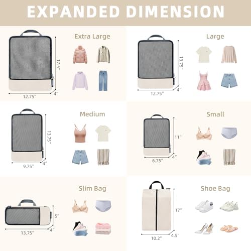BAGAIL 4 Set/6 Set/8 Set Compression Packing Cubes Travel Accessories Expandable Packing Organizers (Half Mesh, 6-Beige)