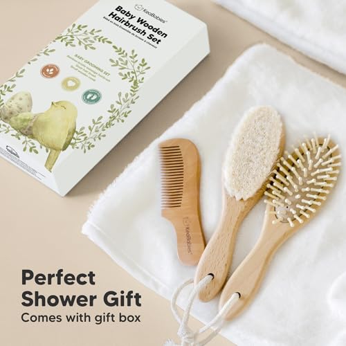 Baby Hair Brush and Comb Set for Newborn - Wooden Baby Hair Brush Set with Soft Goat Bristle, Baby Brush Set for Newborns Baby Brush and Comb Set Girl, Boy, Toddler Cradle Cap Brush (Oval, Walnut)