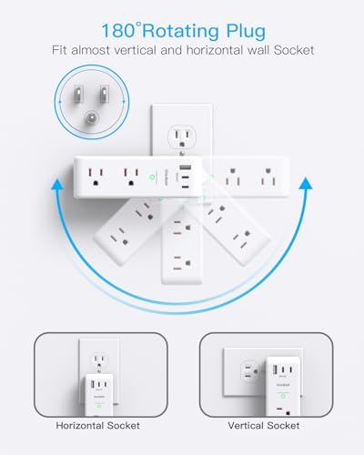 Surge Protector Outlet Extender with Rotating Plug, 6 AC Multi Plug Outlet with 3 USB Ports (2 USB C), 1800 Joules, 3-Sided Swivel Power Strip with Spaced Outlet Splitter for Home, Office, Dorm, White