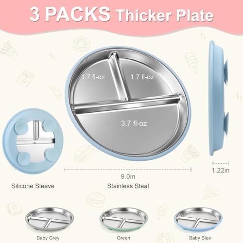 Stainless Steel Toddler Plates Silicone Suction,3 Packs Non-Slip Baby Plates,Divided Portion,Food-Grade Silicone Plate for Kids,LEAD-FREE Dishwasher Safe,Blue Mint Green Grey
