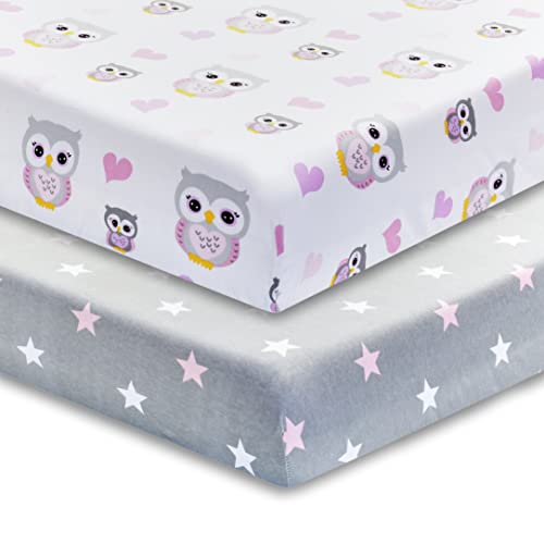 2 Pack Fitted Crib Sheets for Girls in 100% Jersey Knit Cotton – Girl’s Crib Mattress Sheets with a Nature Theme of Owls with Purple and Pink Hearts and a Gray Sheet with Pink Hearts by Everyday Kids