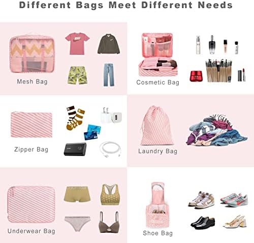BAGAIL 8 Set Packing Cubes Luggage Packing Organizers for Travel Accessories-White and Pink Stripe