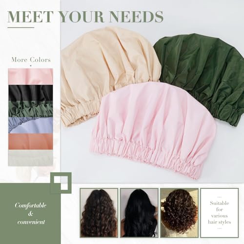 Reusable Shower Cap for Women, Large Waterproof Shower Bonnet Washable Elastic Band Bath Accessories Hair Hat for Long Hair, Braids(Black&Navy)