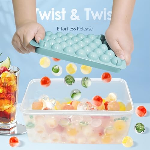 WIBIMEN Ice Cube Tray with Lid and Bin - Round Ice Trays for Freezer with Lid - Ice Cube Trays for Freezer with Ice Container (1"-2PACK Blue)