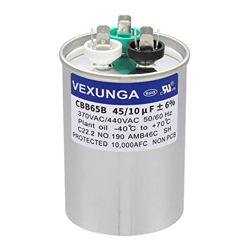 45/10 uF 45+10 MFD 370VAC or 440VAC Dual Run Start Round A/C Capacitor CBB65 CBB65B Air Conditioner Capacitors for AC Unit Fan Motor Start or Heat Pump or Condenser Straight Cool