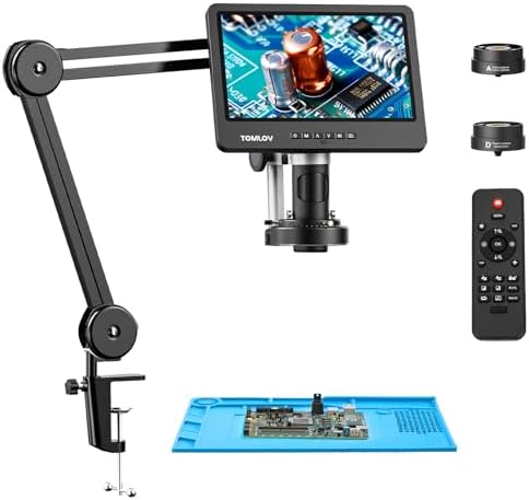 TOMLOV DM602 Flex Digital Soldering Microscope 2000x, Flexible Arm, 10.1" HDMI Microscope with 3 Lens, Coin Magnifier with Ring Light, Adults LCD Video Magnifying Glass, Electronic Repair Mat,64GB