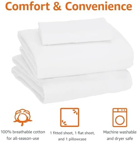 Amazon Basics 3 Piece Bed Sheets Set, 100% Cotton Jersey, Includes Super Soft, Flat and Fitted Sheets, Pillowcase, Toddler, White, Solid