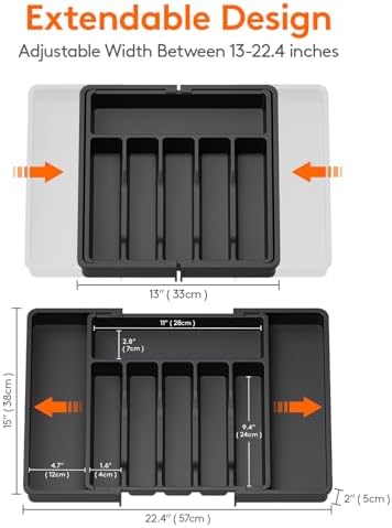 Lifewit Large Silverware Drawer Organizer, Expandable Utensil Tray for Kitchen, BPA Free Flatware and Cutlery Holder, Adjustable Plastic Storage for Spoons Forks Knives, Large, Black