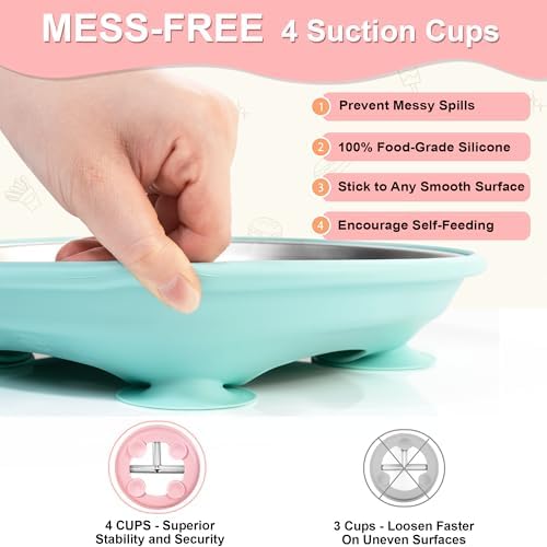 Stainless Steel Toddler Plates Silicone Suction,3 Packs Non-Slip Baby Plates,Divided Portion,Food-Grade Silicone Plate for Kids,LEAD-FREE Dishwasher Safe,Blue Mint Green Grey