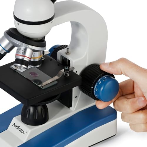 AmScope M150 Series Portable LED Monocular Student Compound Microscope - 40X-1000X Magnification - Microscope Kit Includes Dust Cover, 2 Clips & 2 Eyepieces