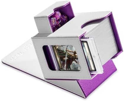 Card Deck Box for MTG Commander - Patented Design, Commander Display, Fits 100 Double-Sleeved Cards, 35pt Card Brick & Dice Tray - White/Purple
