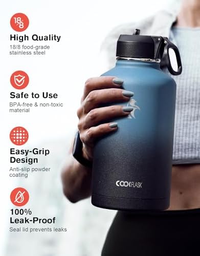Half Gallon Water Bottle Insulated with Straw & 3 Lids, Coolflask 64 oz Water Jug Large Metal Stainless Steel Wide Mouth for Sports, Gym or Office, Non-BPA Keep Cold 48H Hot 24H, Samurai Cyan