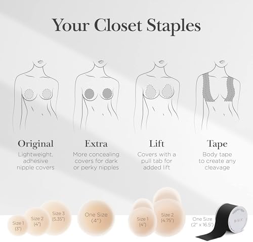 Nippies Nipple Covers for Women - Sticky Adhesive Silicone Pasties - Reusable Pasty Nipple Cover with Travel Box