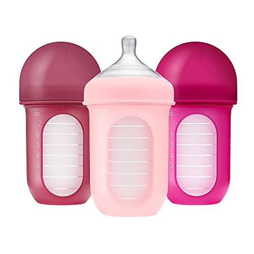 Boon Nursh Reusable Silicone Pouch Baby Bottles - Medium Flow Nipple - Silicone Baby Bottle Pouch and Nipple - Baby Feeding Essentials - Pink - 3-6 Months - 3 Count - 8 Ounce
