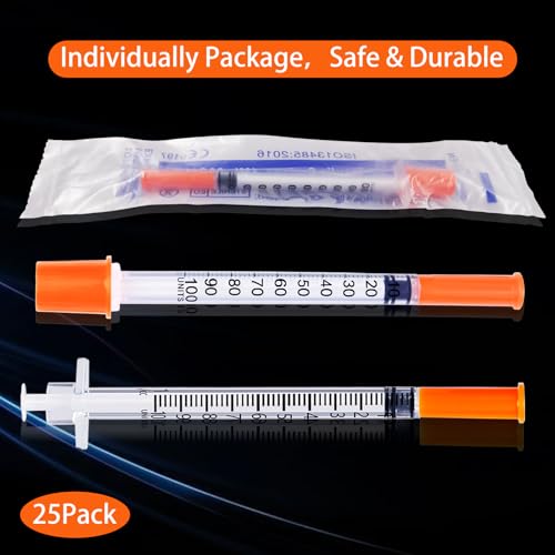 1mL Syringe 31G 1/2 Inch, Syringes Individually Wrapped, Pack of 25