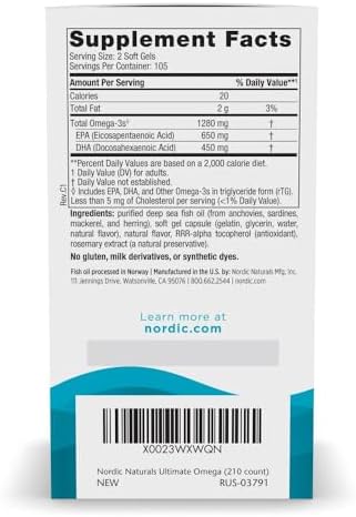 Nordic Naturals Ultimate Omega, Lemon Flavor - 210 Soft Gels - 1280 mg Omega-3 - High-Potency Fish Oil with EPA & DHA - Promotes Brain & Heart Health - Non-GMO - 105 Servings