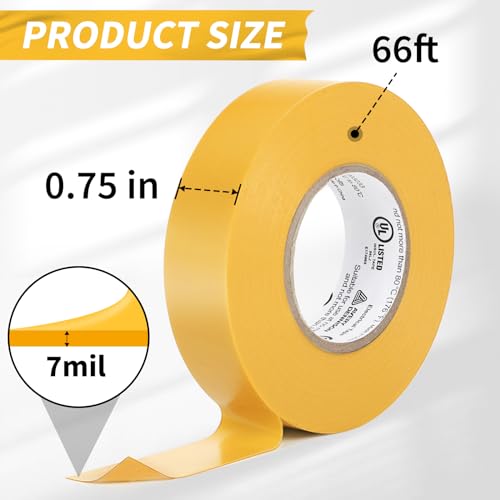 Electrical Tape, 10 Rolls Professional Grade PVC Electric Tape, UL/CSA Listed ¾ in x 66 ft Insulating Vinyl Tape for Electrical, Repairs, Automotive and Equipment, Pro-36C, Yellow
