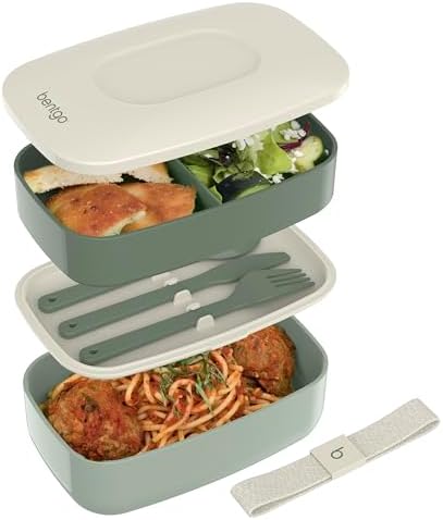 Bentgo Classic - Adult Bento Box, Stackable 3-Compartment Lunch Box with Removable Utensil Set and Sealing Strap, BPA-Free, Food Container Ideal for Meal Prep, Work, and On the Go (Khaki Green)