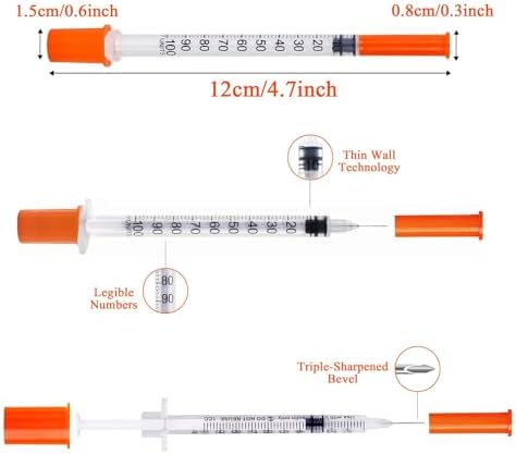 U-100 Syringes with Needle - 30G 5/16" (8mm) 1ml/cc Disposable Syringe, Individual Wrapped, 100PACK