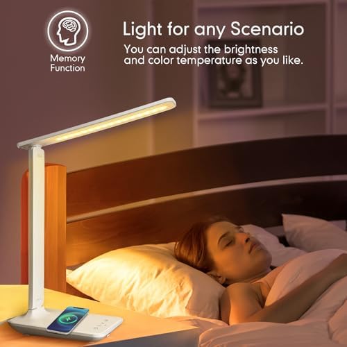 White crown LED Desk Lamp with 15W Wireless Charger & USB Port, Dimmable Table Lamp with 5 Lighting Modes, Sensitive Touch Control, Foldable & Portable Desk Light for Home, Office, Bedroom, Reading