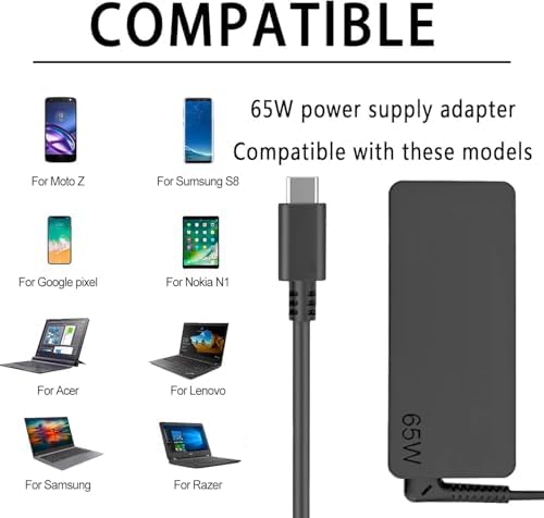 USB-C 65W 45W AC Replacement Charger Compatible with Lenovo ThinkPad T480 T490 T580 ADLX65YDC2A ADLX65YLC2D ADLX65YDC3A ADLX65YDC2D chromebook 2nd Gen S330 65W Laptop Power Supply Adapter Cord