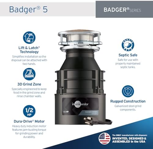 InSinkErator Badger 5 Garbage Disposal with Power Cord, Standard Series 1/2 HP Continuous Feed Food Waste Disposer, Badger 5 W/C, No Size, Black/Gray