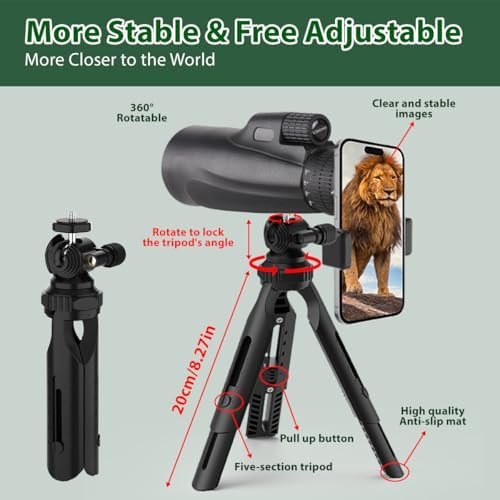 Monocular Telescope 80 x 100 High Powered Monoculars for Adults with Tripod, Monocular for Smartphone Suitable for Bird Watching Larger Vision Monoculars for Adults with BAK4 Prism & FMC Lens Black