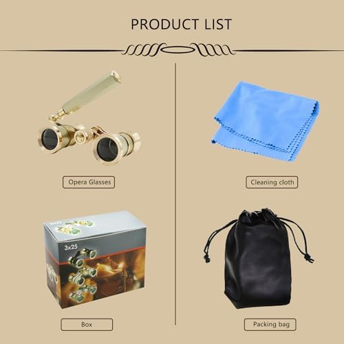 BLACKICE Theater Binoculars, Opera Glasses for Women, 3X25 Mini Binocular Compact with Adjustable Handle for Adults Kids in Concert Theater Opera (Golden with Handle)