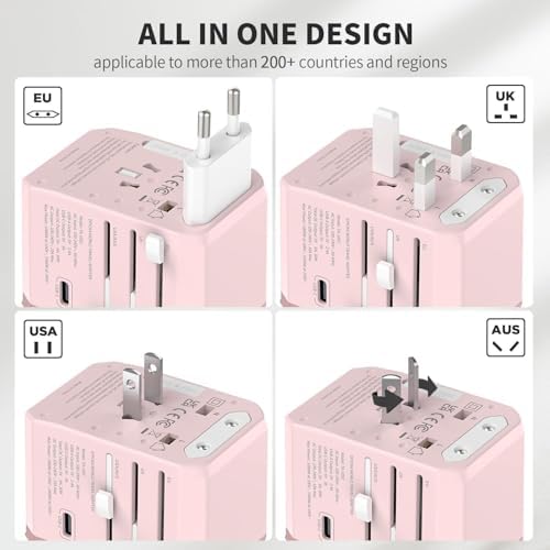EPICKA Universal Travel Adapter, International Power Plug Adapter with 3 USB-C and 2 USB-A Ports, All-in-One Worldwide Wall Charger for USA EU UK AUS (TA-105C, Pink)