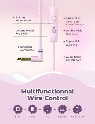 iClever HS19 Kids Headphones with Microphone for School, Safe Volume Limited, Over-Ear Girls Boys Headphones for Kids with Shareport, Foldable Wired for iPad/Travel (Pink)