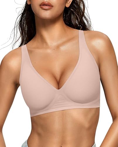 OEAK Womens Deep V Bras Wireless Comfortable Bra Supportive No Underwire Bras Tshirt Push Up Bralettes Plunge Seamless Bra