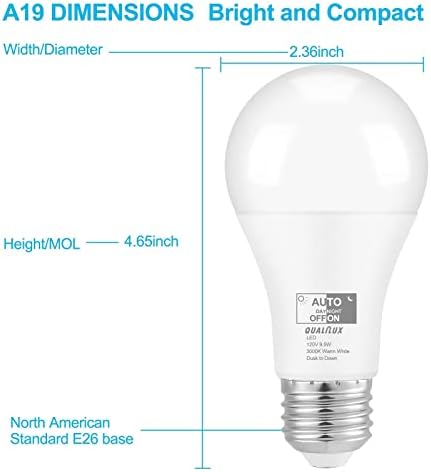 Dusk to Dawn LED Light Bulbs Outdoor, Automatic On/Off, 60W Equivalent, Warm White 3000K, Energy Efficient 9.5W, 850 Lumen, A19, E26 Base, 4-Pack, HQ-H009