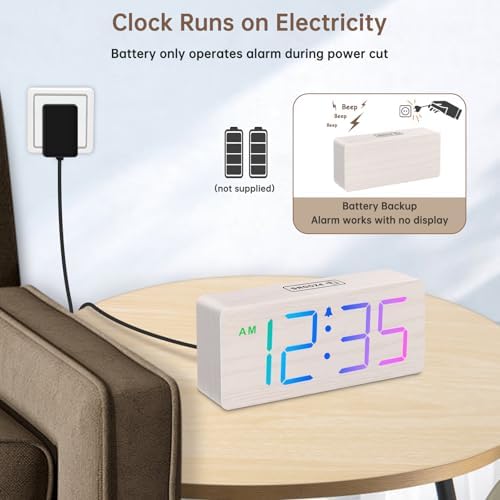 DreamSky Wooden Digital Clock for Bedroom Desk - RGB Loud Alarm Clock for Heavy Sleepers with Volume Control, Large Numbers with Dimmer for Living Room Office, Wood Decor (Adapter Powered)